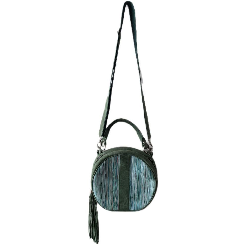 Made in Italy Boutique Green Leather Round Top Handle Crossbody Purse with Fring